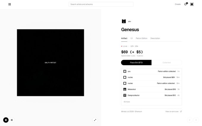 The image shows a Foundation listing for the NFT artwork titled "Genesus" by n4u, priced at $69 with a (+ $5) increment, featuring a minimalist black square with the text "GUILTY ARTIST" in the center. The listing displays collector activity including the highest bid of $69 by nucleo_art, with additional bids from n1c1o (patron edition collected), Misterhot, and dsgncollector, matching the post's mention of active bidding before the 12-hour deadline.