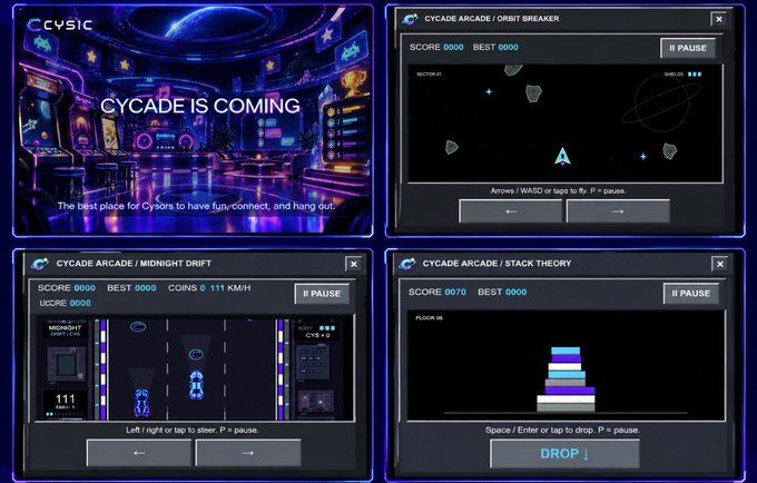 A promotional graphic titled 'CYCADE IS COMING' displaying four panels: a neon-lit arcade interior and three game screenshots labeled 'ORBIT BREAKER,' 'MIDNIGHT DRIFT,' and 'STACK THEORY'.