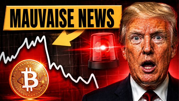 A dramatic thumbnail featuring a shocked-looking Donald Trump alongside a plunging Bitcoin price chart and an emergency siren, with bold yellow text reading "MAUVAISE NEWS" ("Bad News" in French). The image visually reinforces the post's alarming message about a Bitcoin crash and alleged hidden Federal Reserve problems, designed to attract French-speaking viewers to the YouTube video.