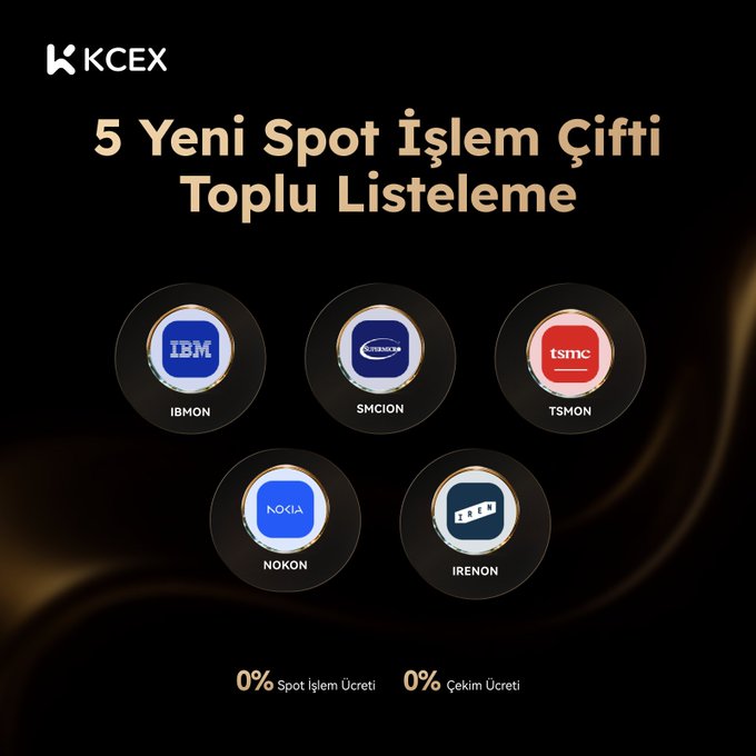 A KCEX exchange promotional image announcing 5 new spot trading pairs: IBMON (IBM), SMCION (Samsung), TSMON (TSMC), NOKON (Nokia), and IRENON (Inkron), with 0% spot trading fees and 0% withdrawal fees.