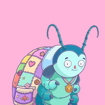 A cartoon illustration of a turquoise caterpillar character wearing headphones, a gold medallion necklace, and a colorful patchwork backpack against a pink background.