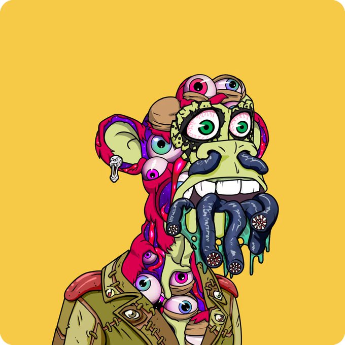 The image features an animated illustration of a monkey wearing a jacket with multiple eyes and a face painted on its head. The monkey appears to be wearing a tie as well. The background color of the image is yellow, which contrasts with the colorful attire of the monkey. There are also some text elements in the image that read "become a member, purchase 1 APE bored ape yacht club". This suggests that there might be an advertisement or promotional material related to the monkey's character or the APE bored character from the animated series "The Simpsons".