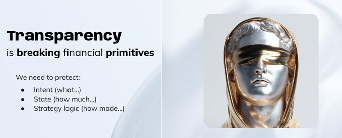 A presentation slide titled 'Transparency is breaking financial primitives' listing bullet points to protect 'Intent', 'State', and 'Strategy logic', alongside an image of a metallic silver face wearing a gold blindfold.