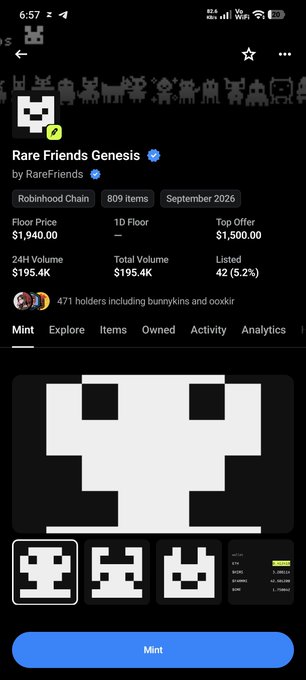 A mobile screenshot of an NFT NFT marketplace showing 'Rare Friends Genesis' by RareFriends on the Robinhood Chain, with a floor price of $1,940.00, 809 items, and 471 holders, featuring a pixel-art skull character.