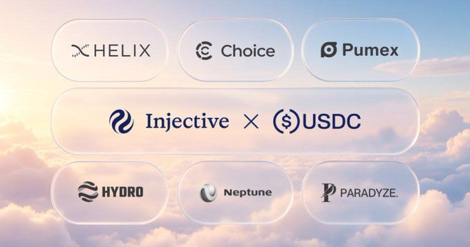 A promotional graphic featuring cryptocurrency and DeFi logos including HELIX, Choice, Pumex, Injective x USDC, HYDRO, Neptune, and PARADYZE against a cloudy sky background.