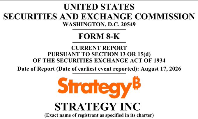 A SEC Form 8-K current report filed by Strategy Inc (associated with the ticker MSTR) on August 17, 2026, relating to the company's recent sale of approximately 3,458,866 MSTR shares worth around $333.7 million during August 10-16, with proceeds allocated toward dividends, STRC preferred stock buybacks, and USD reserves, while notably not involving any Bitcoin transactions.