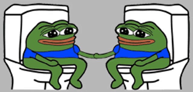 A cartoon image of two sad Pepe the Frog characters in blue shirts sitting in white chairs and holding hands.