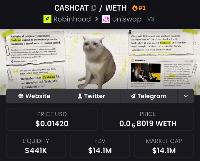 A token information page for CashCat (WETH) on Uniswap V3, priced at $0.01420 ($14.1M FDV) with $441K liquidity, featuring a cat image alongside news clippings about Robinhood's market activity. The image ties to the post by showing Robinhood-related media coverage connected to this newly listed memecoin.