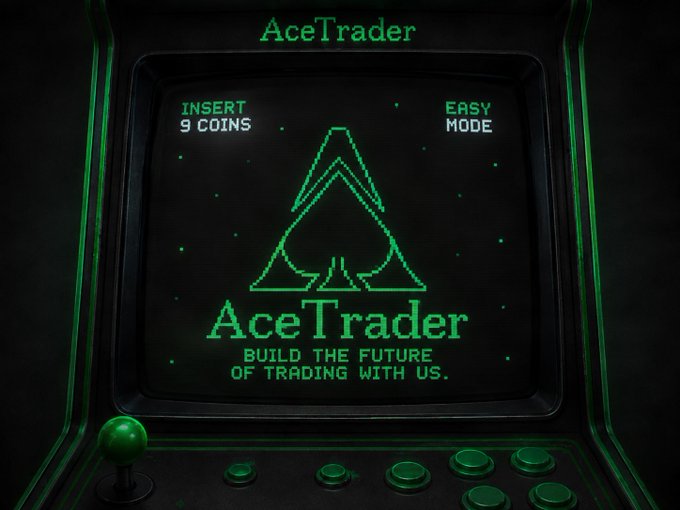 A retro arcade machine titled "AceTrader" displays a green spade logo with the tagline "Build the future of trading with us," and prompts to "INSERT 9 COINS."