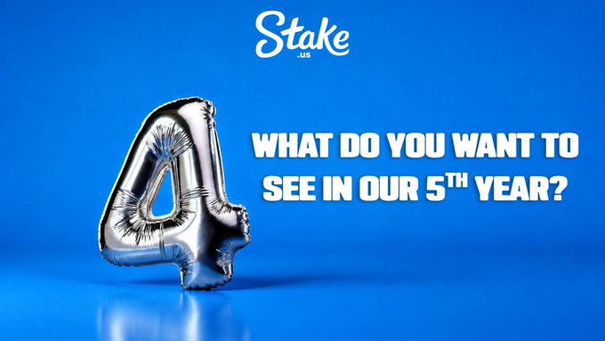 A promotional graphic for Stake.us features a silver foil balloon shaped like the number "4" against a blue background, with text asking "WHAT DO YOU WANT TO SEE IN OUR 5TH YEAR?" celebrating the platform's upcoming anniversary milestone. The image directly aligns with the accompanying post, which invites users to share their wishes for Stake.us's 5th year for a chance to win 400 SC.