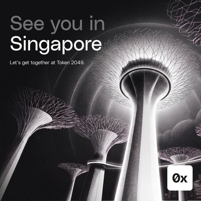 A black and white promotional graphic for Token 2049 in Singapore featuring illuminated Supertree Grove structures with the 0x logo.