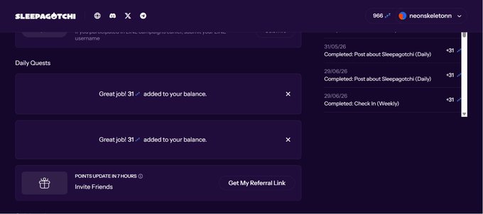 A screenshot of a website called 'SLEEPAGOTCHI' showing a 'Daily Quests' page with completed tasks and points added to balance, with the username 'neonskeletonn' and a count of 966 visible.