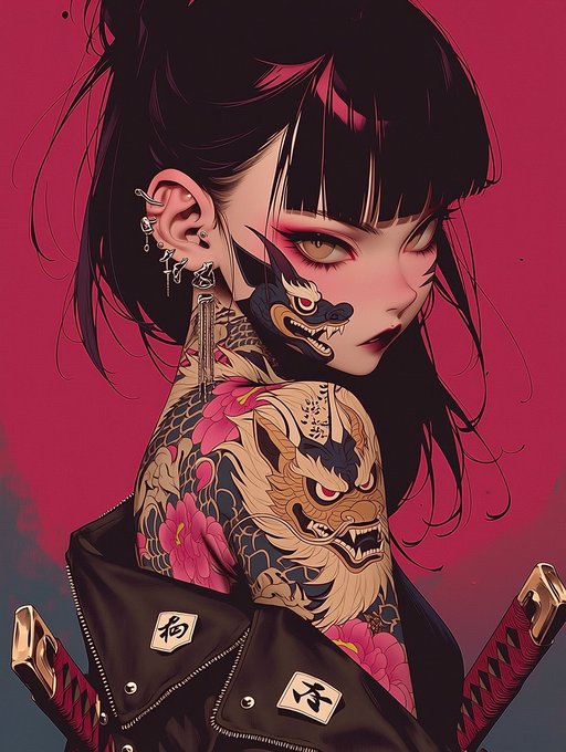 Digital illustration of a dark-haired anime-style girl with elaborate Japanese dragon tattoos covering her back and shoulder, wearing a black jacket with kanji characters and multiple ear piercings against a magenta background.