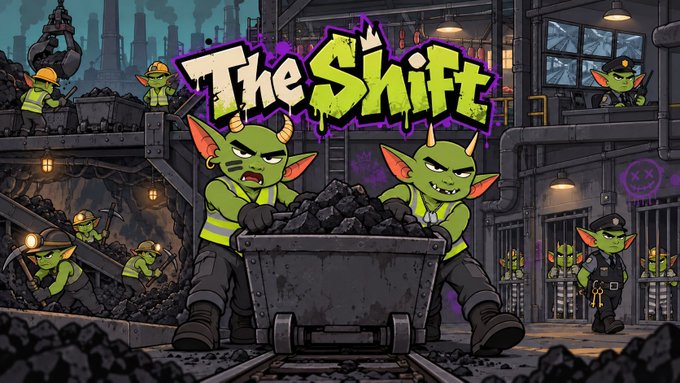 A cartoon illustration titled 'The Shift' shows green-skinned goblin-like creatures in a coal mine, with two pushing a mine cart while others work in the background.