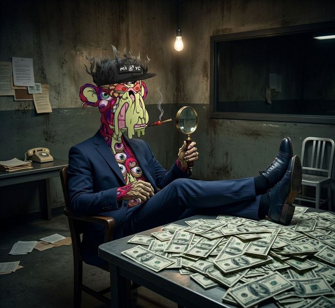 A stylized illustration of a grotesque, multi-eyed humanoid figure in a blue suit and 'MAFIA' cap, smoking a cigarette and holding a magnifying glass, with feet propped up on a table covered in piles of cash.