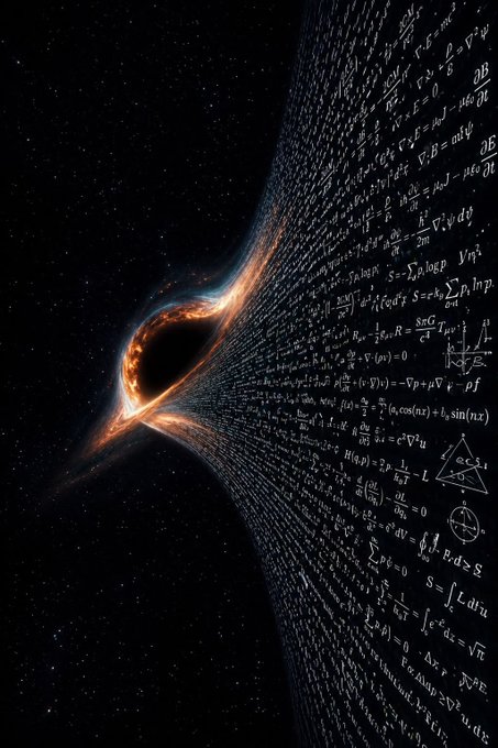 The image depicts a cosmic scene featuring a glowing black hole with an accretion disk on the left, while the right side transitions into a curved surface covered in dense mathematical equations and formulas, symbolizing the mysterious forces of the universe. The accompanying caption "A new star is born: $XRP" metaphorically links the celestial birth imagery to the rise of the XRP cryptocurrency as a new emerging force.