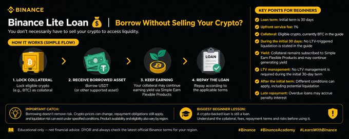 A Binance educational infographic titled 'Binance Lite Loan: Borrow Without Selling Your Crypto?', detailing a 4-step simple flow (Lock Collateral, Receive Borrowed Asset, Keep Earning, Repay the Loan) with key points for beginners about loan terms, service fees, and LTV management.