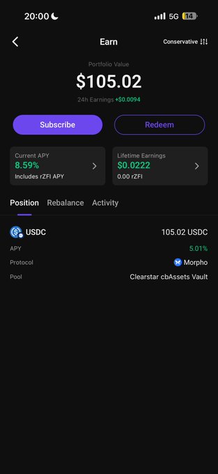 A mobile app screen for an 'Earn' feature shows a Portfolio Value of $105.02 with $0.0094 in 24h Earnings, offering Subscribe and Redeem options, a Current APY of 8.59% including rZFI APY, Lifetime Earnings of $0.0222, and a position of 100.02 USDC via Morpho protocol in the Clearstar cbAssets Vault.