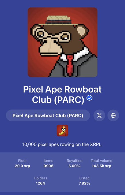 A mobile interface showing the 'Pixel Ape Rowboat Club (PARC)' NFT collection on the XRP Ledger, listing 9,996 items, a floor price of 20.0 xrp, and 1,264 holders.