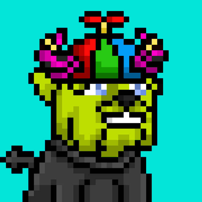 Pixel art portrait of a green-skinned character with colorful pink, red, green, and blue hair buns on top of their head, set against a turquoise background.