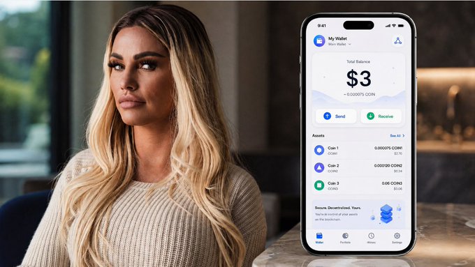 A woman with blonde hair poses next to a smartphone displaying a crypto wallet with 'Total Balance $3' and various coin assets.