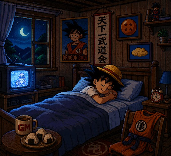 A pixel-art scene of a Goku-like character sleeping in a wooden bed wearing a straw hat, with a Dragon Ball poster on the wall, a TV showing an old man, onigiri and tea on a bedside table, and a martial arts uniform draped over a chair.