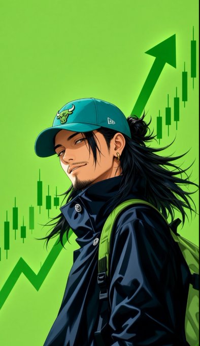 A confident anime-style character wearing a green New Era cap and jacket stands against a vibrant green background featuring a rising upward arrow and candlestick chart, symbolizing bullish market gains. The post's "grass is greener" reference ties directly to the green color scheme, which represents both the literal grass and the profitability of the poster's portfolio, ending their crypto Twitter (ct) night on a positive note.