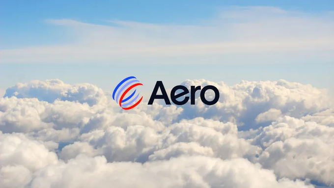 The image shows the black word “Aero” beside a red-and-blue circular logo, floating above a bright cloudscape. It serves as branding for Aerodrome’s merger with Velodrome into a unified, upgraded DEX model launching across seven chains.