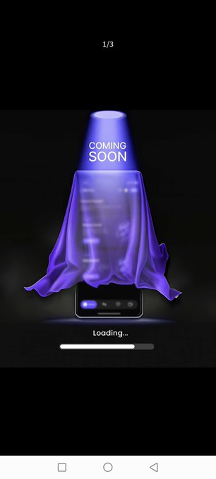 A 'Coming Soon' loading screen displaying a purple cloth-draped object illuminated by a spotlight above a loading bar on a mobile device.