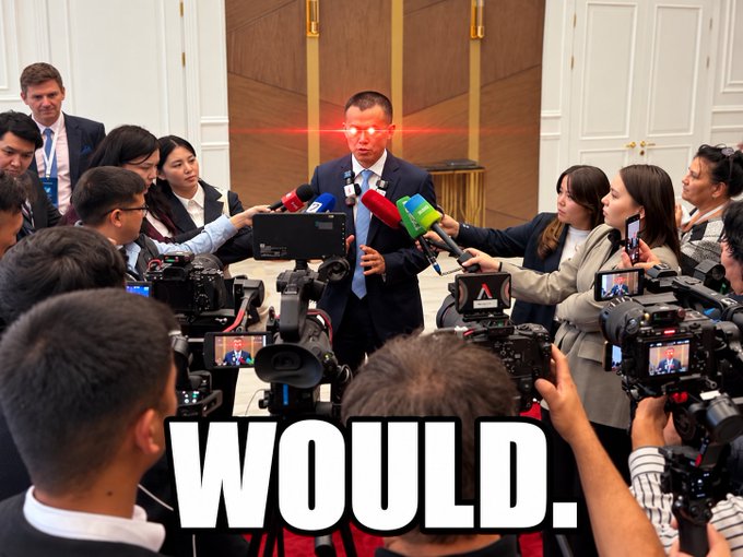 A meme shows a man with laser-beam eyes being interviewed by a crowd of reporters, with the text 'WOULD.' overlaid at the bottom, suggesting an intense or compelling statement.