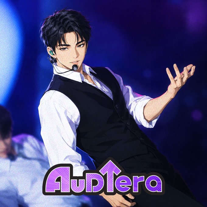 An illustration of a young male performer with dark hair wearing a white shirt and black vest, holding a microphone earpiece with a stylized 'AudTera' logo at the bottom.