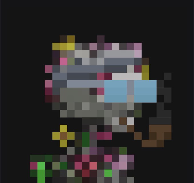 A heavily pixelated, low-resolution figure against a black background, showing blocks of various colors including blue, pink, yellow, and green forming an indistinct humanoid shape.