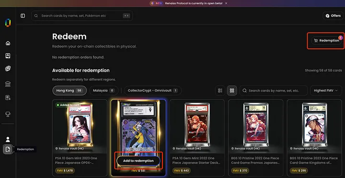 A screenshot of the Renaiss Protocol "Redeem" page showing 58 available cards for redemption across regions including Hong Kong (58), Malaysia (9), and CollectorCrypt+Omnivault (1), with cards like "PSA 10 Gem Mint 2022 One Piece Japanese OP05..." priced at varying amounts in Indonesian Rupiah, and an "Add to redemption" button highlighted on a featured card. The image visually supports the post by demonstrating the platform's actual collectible redemption functionality—the tangible product behind the impressive funding and user numbers mentioned, showing what's actually being built rather than just the headline metrics.