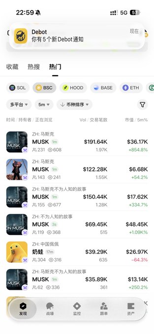 A Chinese-language mobile app screenshot (likely Dexbot) shows the "热门" (Trending) tab on BSC network with various Musk-themed meme coins, including "MUSK" at $191.64K (+854.8%), "不为人知的故事" (Unknown Story), and "奶娃" (Milk Baby) up 1.09K% and down 64.3% respectively, all featuring Elon Musk imagery. The post's joke about "your mom's BSC" connects to the image showing a barrage of speculative Musk meme tokens on the Binance Smart Chain, highlighting how quickly traders pile into celebrity-themed tokens on that network.