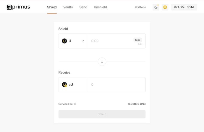 Screenshot of the Primus DeFi platform showing a 'Shield' interface with fields to deposit U tokens and receive oU, with a service fee of 0.00036 BNB.