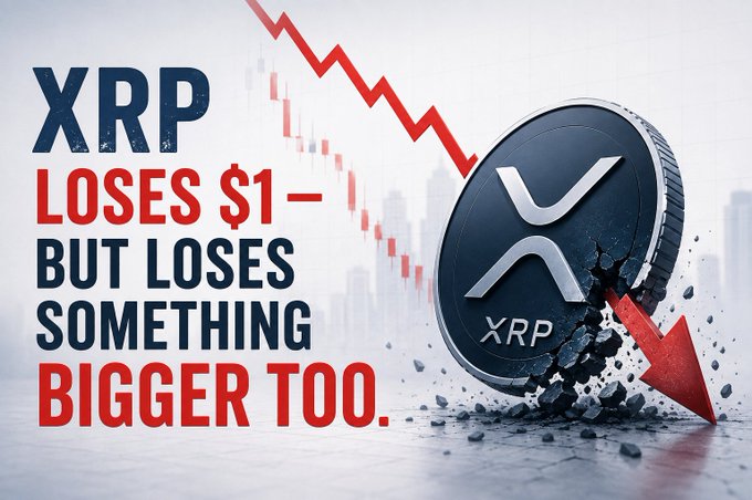 The image features a dramatic visual of an XRP coin shattering with a downward red arrow and stock chart decline, accompanied by bold text reading "XRP LOSES $1 – BUT LOSES SOMETHING BIGGER TOO." This visually reinforces the post's message about XRP's 635-day streak above $1 breaking, while highlighting the deeper concern that Ripple's institutional deals are being settled in RLUSD rather than XRP, suggesting the token may be losing relevance despite the XRP Ledger's growth.