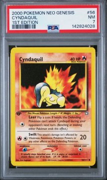 A PSA-graded 2000 Pokemon Neo Genesis 1st Edition Cyndaquil trading card, #56, graded NM (Near Mint) with grade 7.