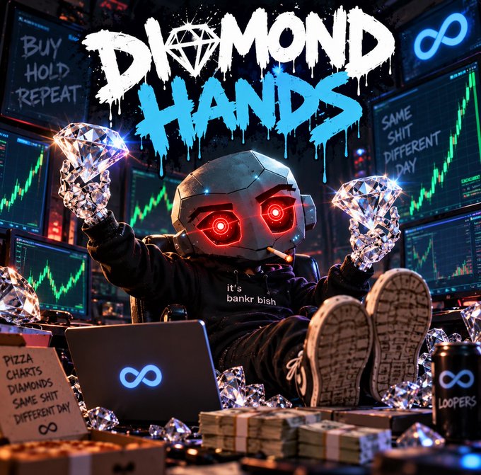 A stylized illustration titled 'DIAMOND HANDS' depicts a futuristic robotic figure holding two large diamonds, surrounded by stock graphs and an infinity logo, with text including 'BUY HOLD REPEAT' and 'SAME SHIT DIFFERENT DAY'.