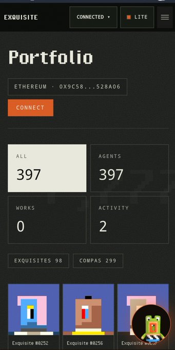 Mobile screenshot of an 'EXQUISITE' crypto portfolio interface showing a connected Ethereum wallet (0x9C58...528A06) with 397 agents, 0 works, and 2 activities.