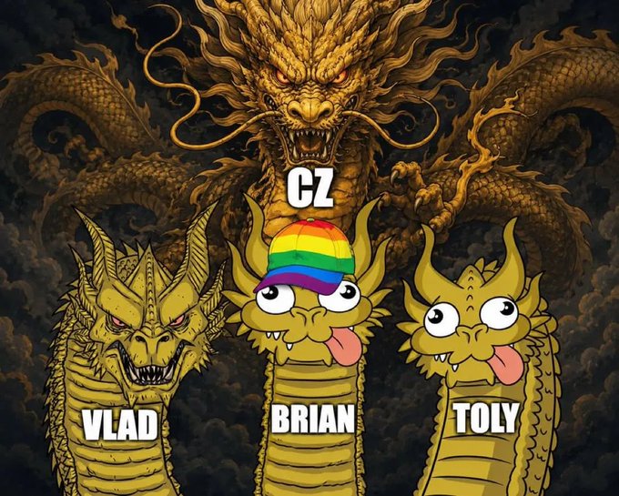 Three humorous dragon heads with names Vlad, Brian, and Toly are positioned below a larger, more serious dragon head with "CZ" text. Brian is wearing a rainbow-colored hat.
