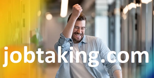 A smiling, bearded man in glasses raises his fist in a victorious gesture inside a bright office space, celebrating a job success. The image is overlaid with bold white text reading "jobtaking.com," directly promoting the domain name for sale mentioned in the caption.