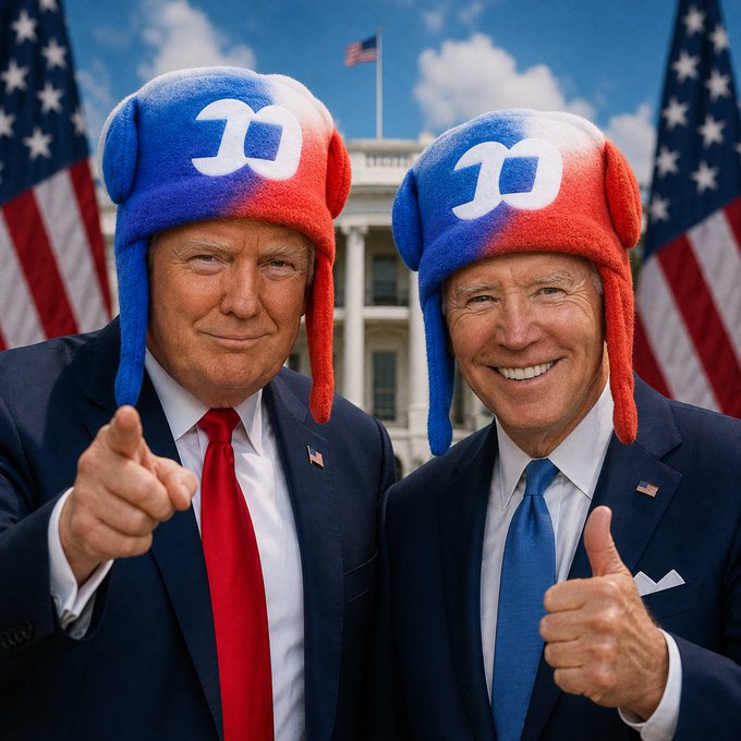 A digitally edited image showing Donald Trump and Joe Biden smiling and giving thumbs up while both wearing red, white, and blue winter hats with a 'W' logo, standing in front of the White House with American flags.