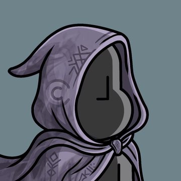A digital illustration of a small character wearing a purple hooded robe adorned with runes, with a simple black smiley face on a dark hood against a gray-blue background.