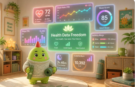 A digital dashboard titled 'Health Data Freedom' displayed next to a cute pear mascot character, showing metrics like Heart Rate 72 BPM, Sleep Score 85, Steps 10,392, and 7h 45m Time Asleep.