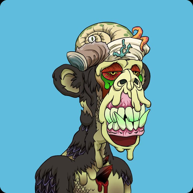 Cartoon illustration of a grotesque, monstrous character with sharp green teeth, drooling, wearing a small hat with an anchor, set against a solid blue background.