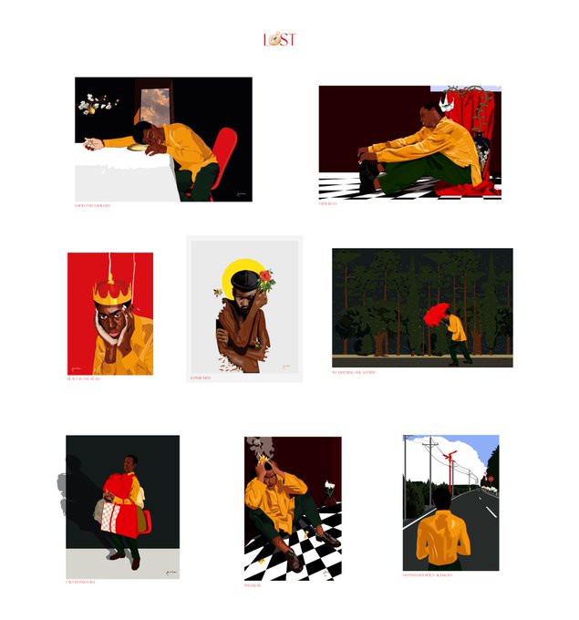 An art portfolio page titled 'LOST' featuring eight illustrations of a Black man in a yellow shirt in various contemplative poses, with titles like 'A WORLD TIRED', 'M.A.D', and 'CONCERN'.