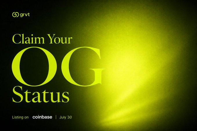 A promotional graphic with a glowing green and black background features the text "Claim Your OG Status," along with the GRVT logo and "Listing on coinbase | July 30," advertising the early access opportunity to secure a GRVT allocation and exclusive beta perks before its Coinbase debut.