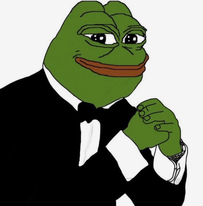 A popular internet meme image showing a cartoon Pepe the Frog character dressed in a black tuxedo with a bow tie, posing formally with one hand near his chin.