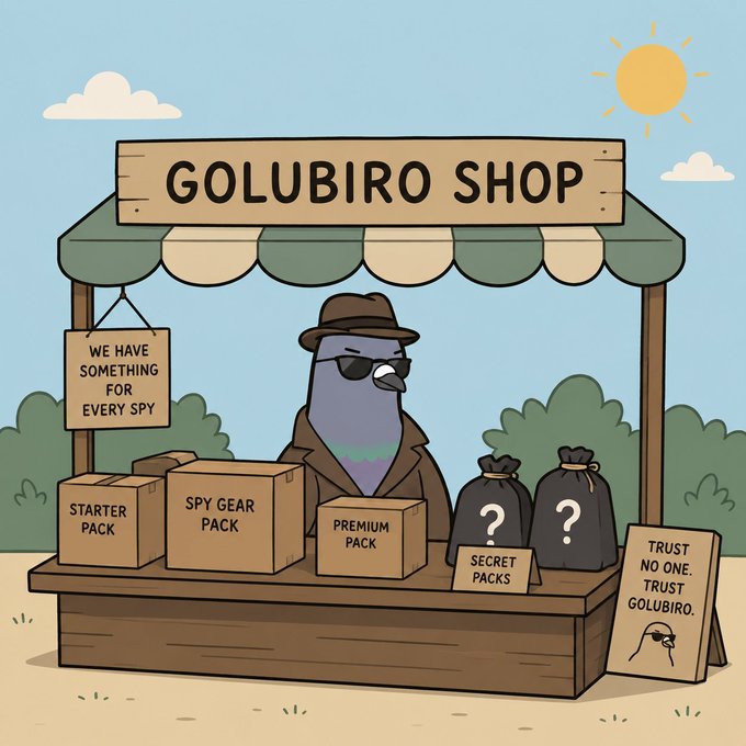 A cartoon illustration of a pigeon wearing sunglasses and a trench coat standing behind a market stall labeled 'GOLUBIRO SHOP' selling spy-themed 'STARTER PACK', 'SPY GEAR PACK', 'PREMIUM PACK', and mystery 'SECRET PACKS', with a sign reading 'TRUST NO ONE. TRUST GOLUBIRO.'