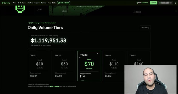 A TheFlow platform page displaying 'Daily Volume Tiers' with a total of $1,119,951.38, showing reward tiers from $10 to $160 with various volume requirements, with a man visible in a webcam overlay.